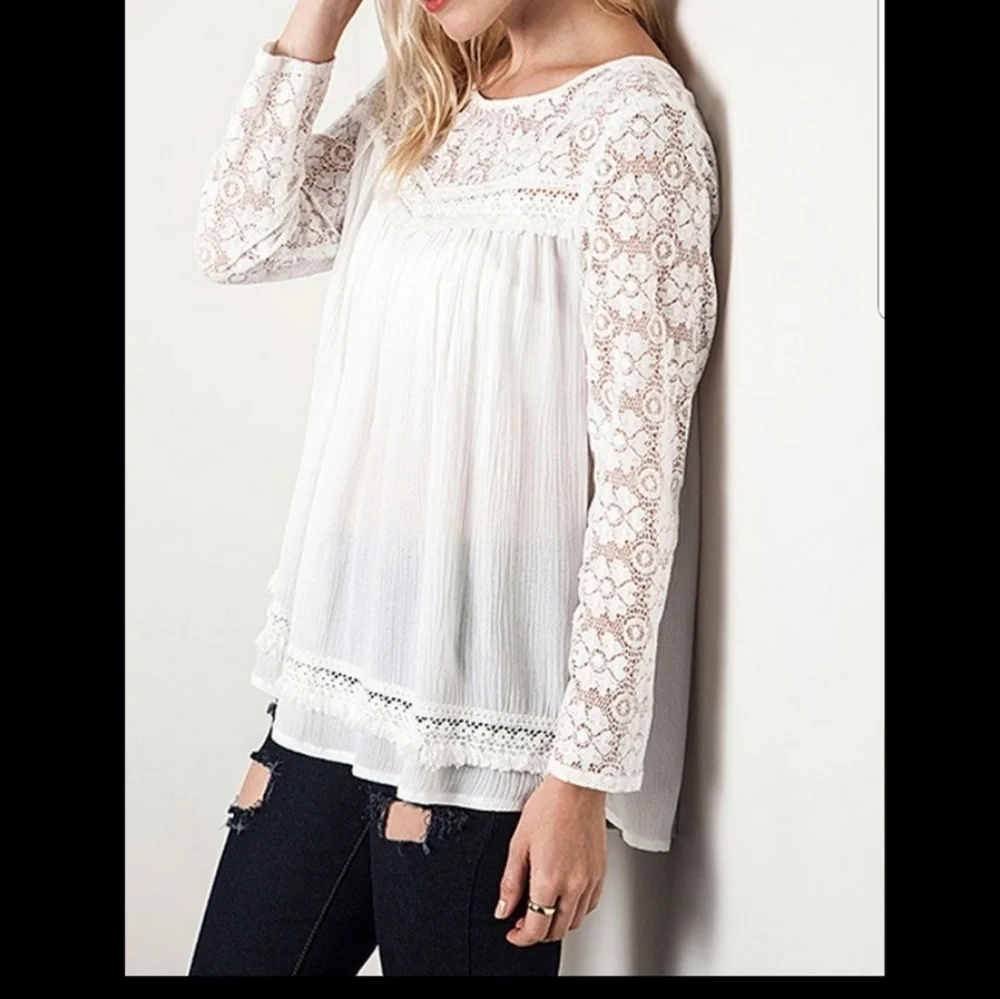 Ungee USA Longsleeve gauze & lace white top blouse - Picture 1 of 8